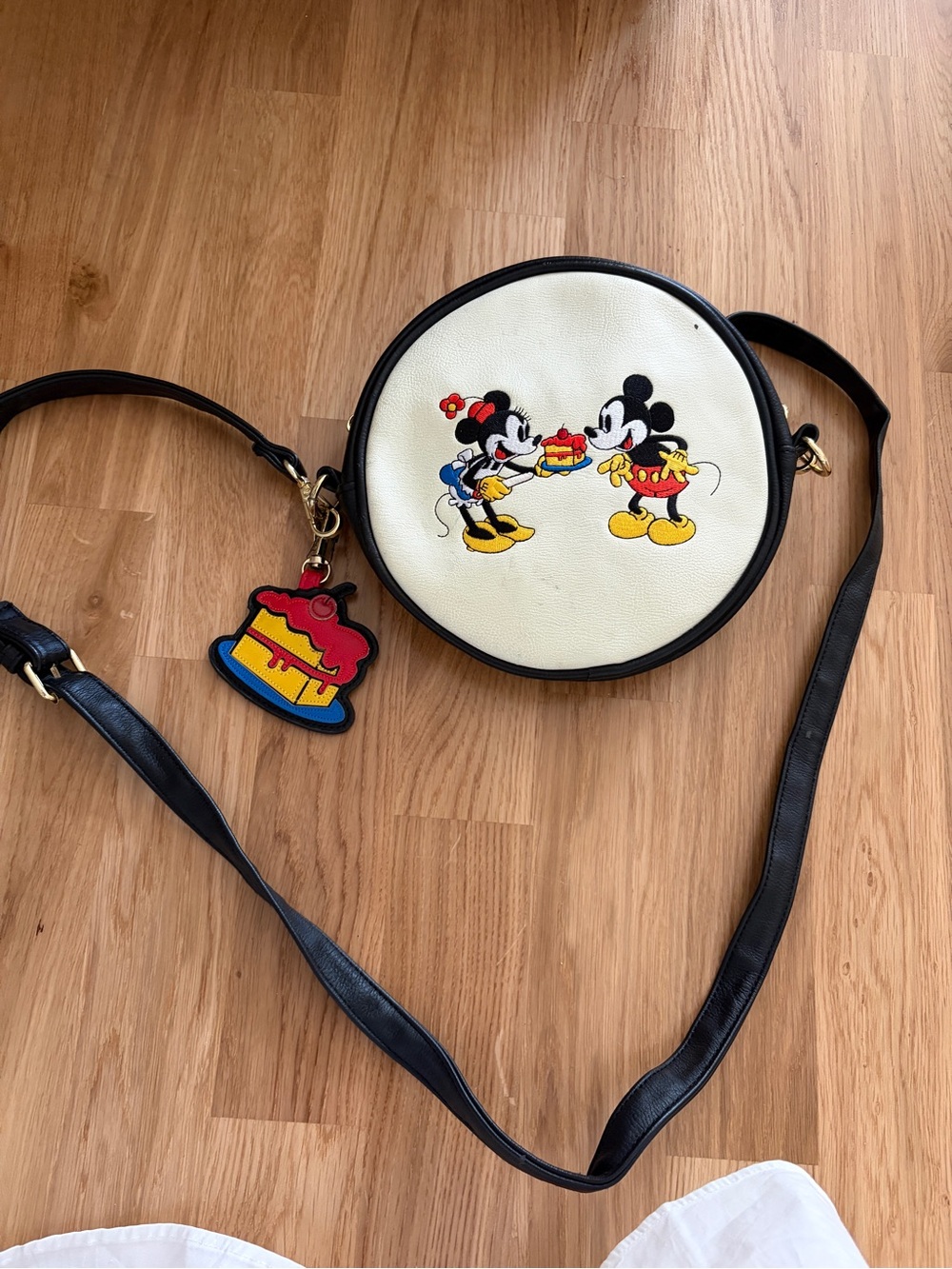 Loungefly Mickey & Minnie Round Crossbody Bag in Cream and Black